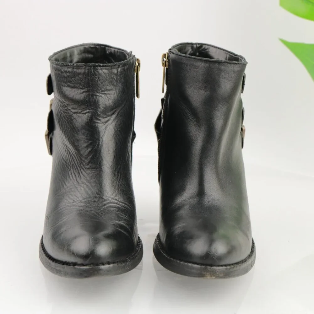 SCHUTZ Womens Sher Boots Size 6.5 Black Leather Triple Buckle Block Heel Booties